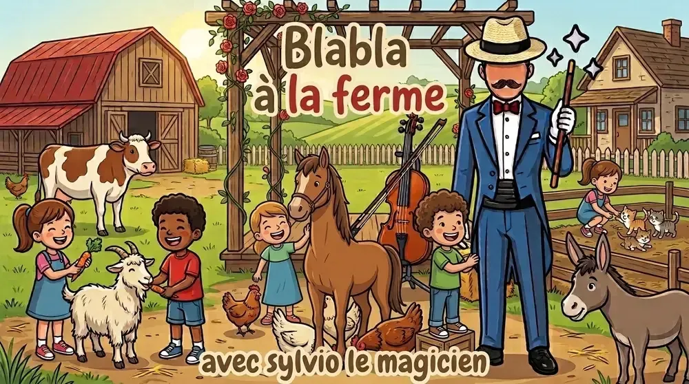Illustration « Blabla à la ferme » : Sylvio, un violon, un cheval, une chèvre et des enfants dessinés devant une grange