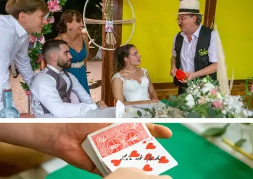 Montage de deux photos : Sylvio devant un couple de mariés à table, et une carte à jouer tenue au-dessus d’un tapis de close-up vert