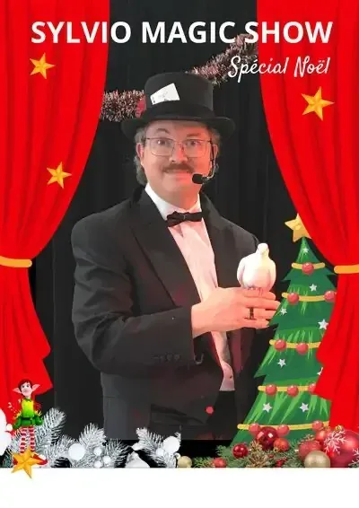 Affiche « Sylvio Magic Show, Spécial Noël » : Sylvio en haut-de-forme tient une colombe devant un rideau rouge et un sapin