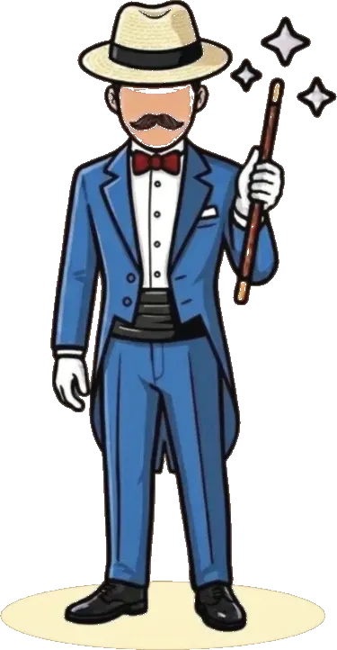 Illustration de Sylvio le magicien : moustache, queue de pie bleue, nœud papillon rouge, chapeau panama et baguette