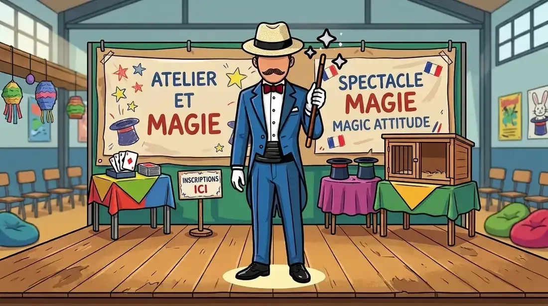 Illustration : Sylvio, baguette à la main, devant la banderole « Atelier et magie, spectacle de magie Magic Attitude »