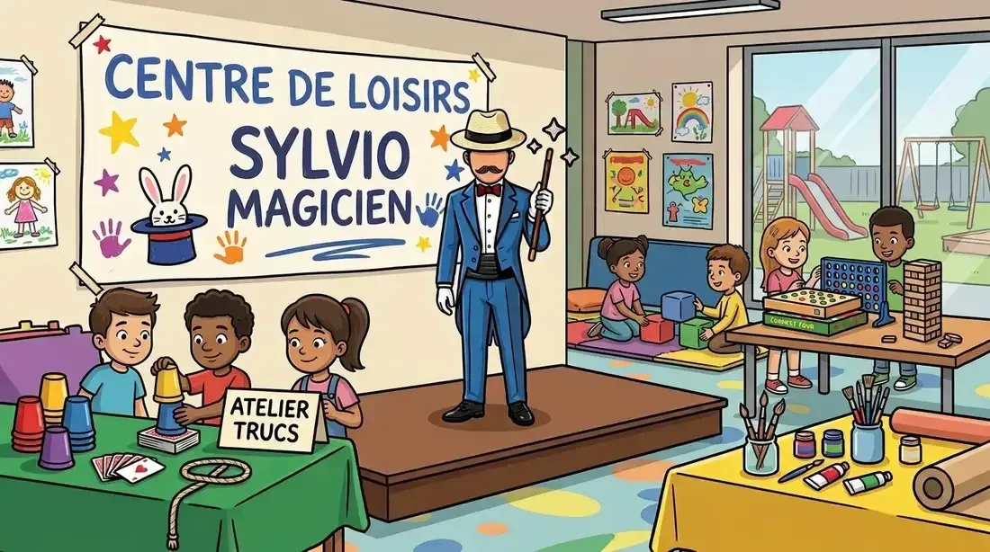 Illustration de Sylvio sur une petite scène dans un centre de loisirs dessiné, avec un coin atelier et un toboggan