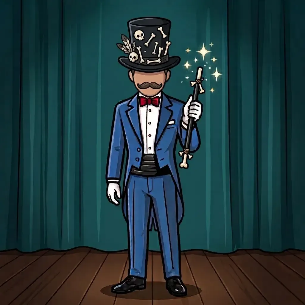 Illustration de Sylvio, chapeau haut de forme décoré, queue de pie bleue et baguette à la main, devant un rideau vert